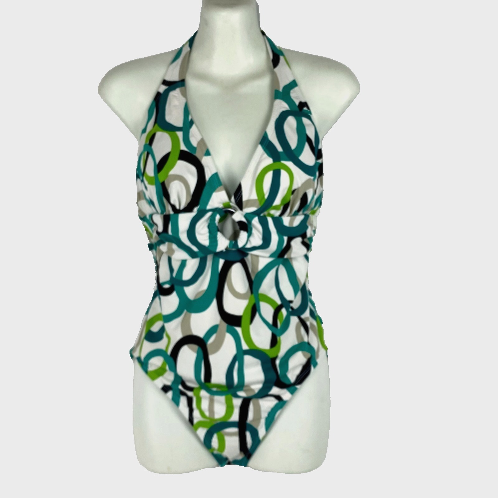 Jantzen One Piece Bathing Suit Women's 10 Nylon Stretch Halter Teal White Green